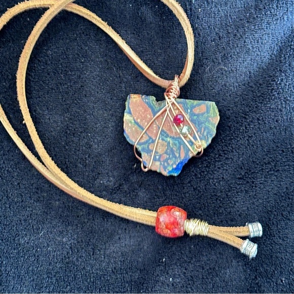 Artisan Wire Wrapped Jasper Bold Stone Pendant Necklace Handmade on Leather Cord - Picture 5 of 10